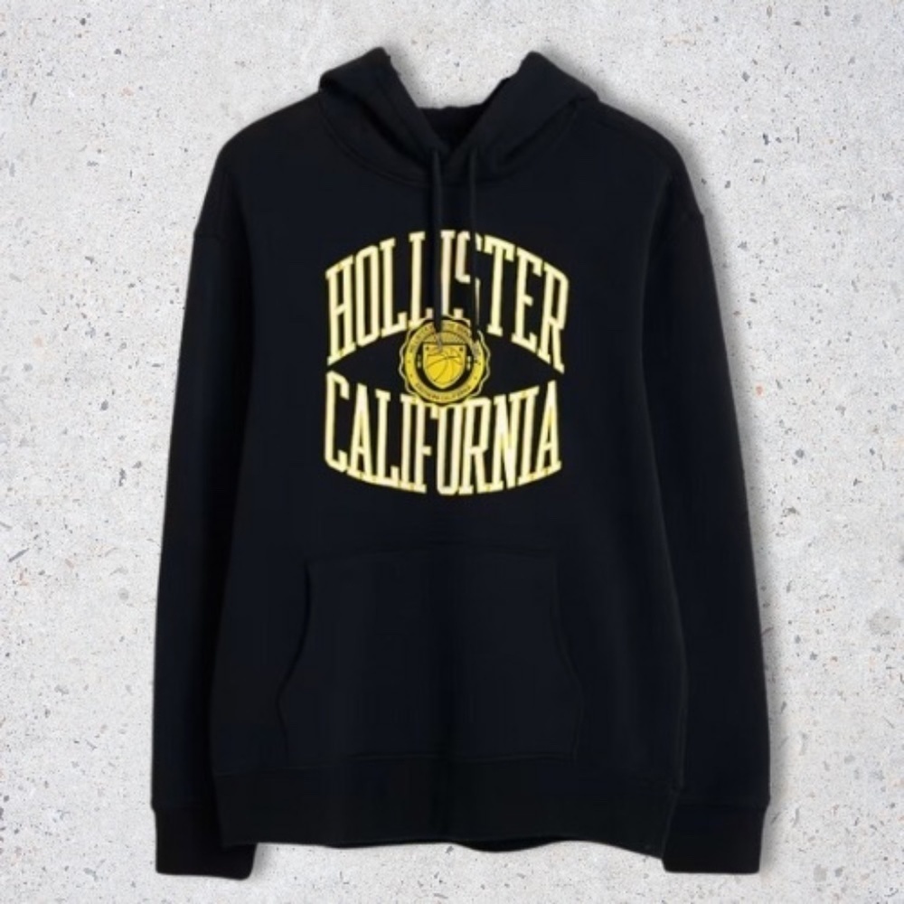 Hollister California Hooded Sweatshirt Ribbed Cuffs Kangaroo Pocket Black M XL